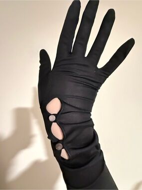 Vintage Black Elbow Length Opera Gloves with Cutout Detail Semi Sheer